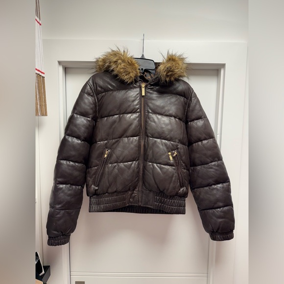 90s 00s 激レア Sean John フェイクファー コート b-boy Vintage Y2K Sean John Brown Leather Puffer Coat Faux Fur Hood is